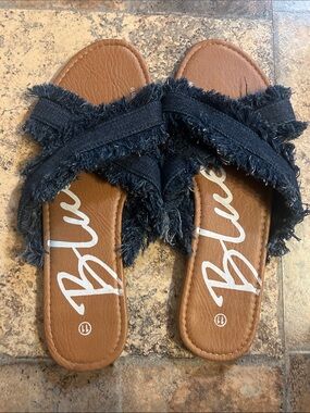 Denim Fringe Cross-Over Slide Sandals